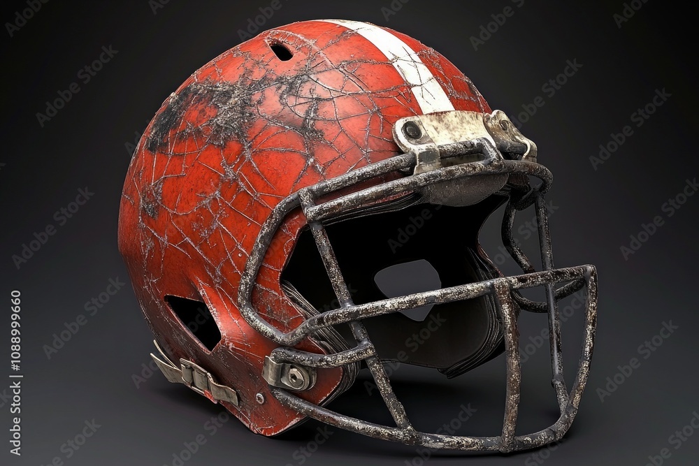 Fototapeta premium A vintage football helmet showcasing wear and tear. Its cracked paint tells stories of intense games. A symbol of sportsmanship and endurance. Generative AI