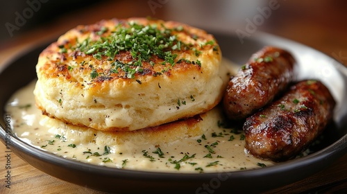 Buttermilk biscuits, sausage, and creamy sauce.