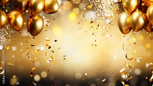 Christmas golden background with balloons, confetti and streamers . Holiday celebration glowing bokeh lights backdrop.	
