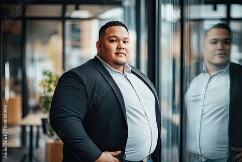 Plus-size businessman standing confidently by a glass wall in an office photo