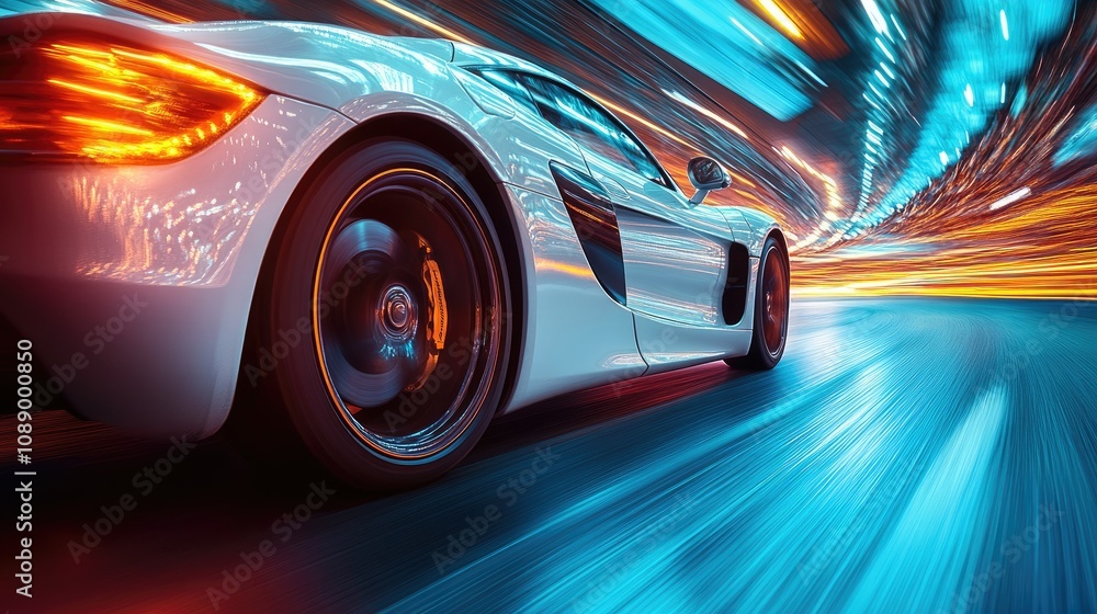 White sports car speeding through a neon-lit tunnel. White sports car speeding through a neon-lit tunnel.