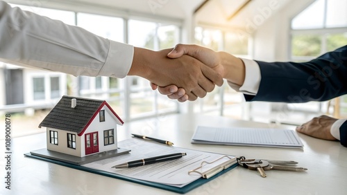 Two people shaking hands over a desk with house model and keys, symbolizing a real estate deal, contract signing, or successful negotiation. Bright office setting emphasizes professionalism.