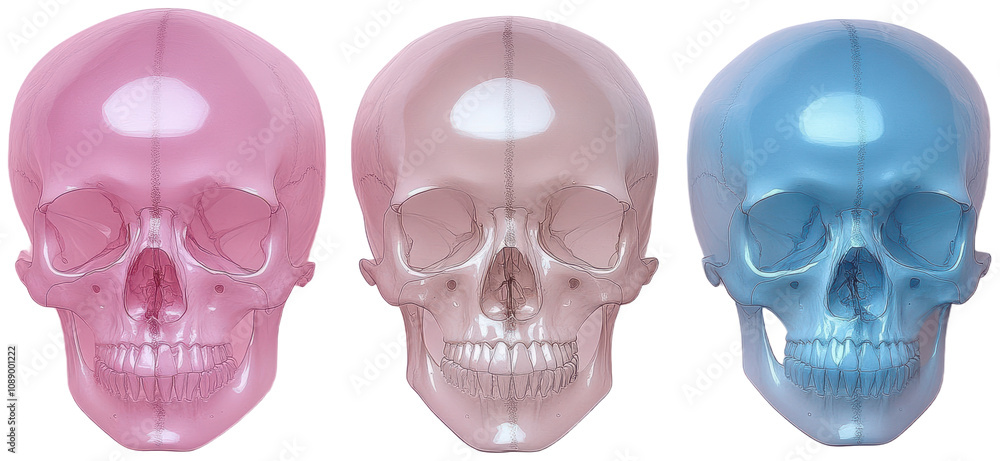 Three translucent skulls in pastel hues Three translucent skulls in pastel hues