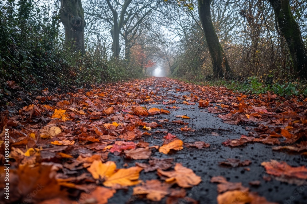 Forest path covered with fallen autumn leaves. Generative AI Forest path covered with fallen autumn leaves. Generative AI