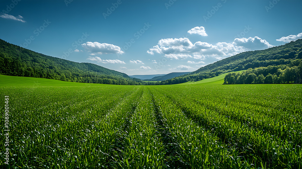 A breathtaking photography of a vast, lush green field stretching to the horizon, with tall grass swaying gently under a clear blue sky, framed by distant rolling hills. A breathtaking photography of a vast, lush green field stretching to the horizon, with tall grass swaying gently under a clear blue sky, framed by distant rolling hills.