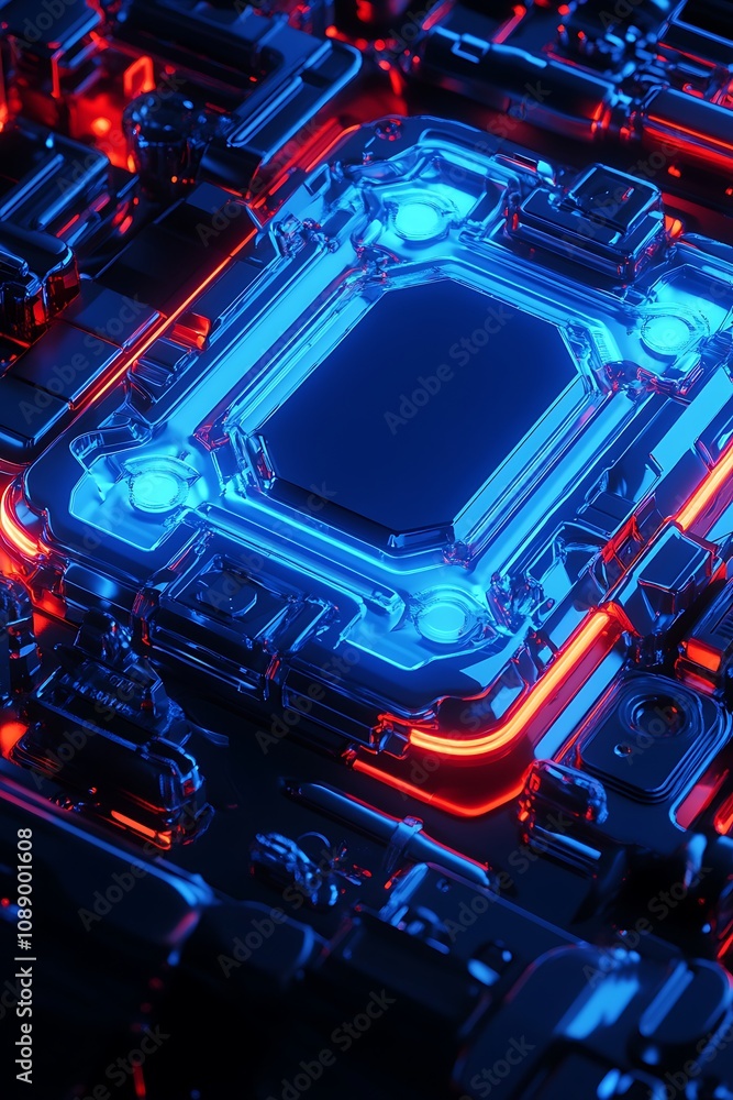 Fototapeta premium Futuristic Circuit Board Design Featuring Blue and Red Neon Lighting, Abstract Technology Background with Glowing Elements and Intricate Structures