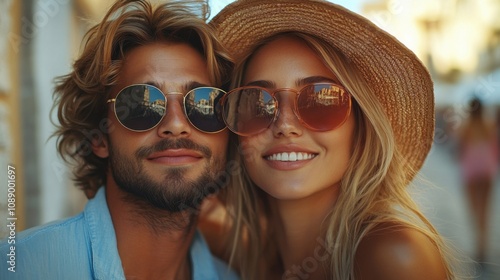 Smiling couple with sunglasses, close-up, warm sunlight, romantic vacation, young man and woman, stylish summer fashion, carefree beach lifestyle, happiness together