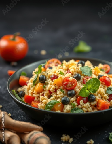 Delicious couscous salad with cherry tomatoes, blueberries, and fresh mint, prepared for a summer lunch photo