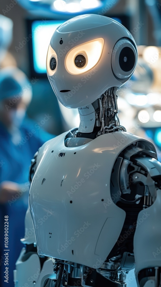 Fototapeta premium Humanoid robot assistant in operating room with surgeons in background