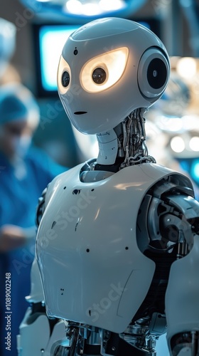 Humanoid robot assistant in operating room with surgeons in background