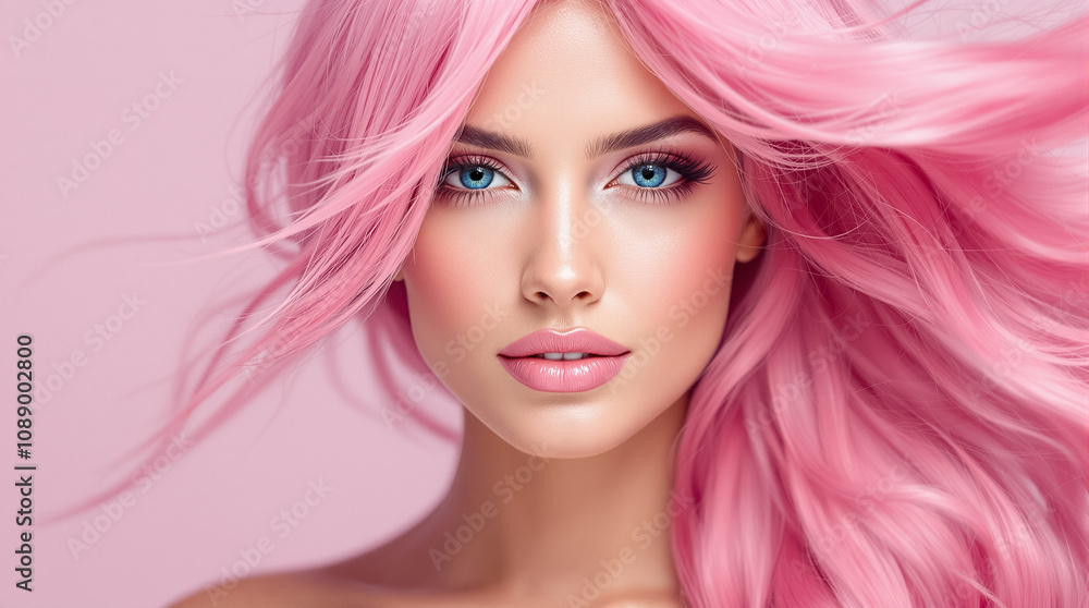 A woman with pink hair and blue eyes poses against a pink backdrop, radiating confidence and allure A woman with pink hair and blue eyes poses against a pink backdrop, radiating confidence and allure