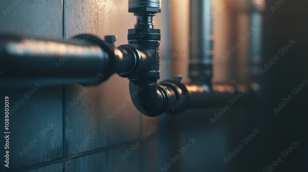 A close-up of a gas pipe system neatly installed along the wall in a modern home, with soft ligh A close-up of a gas pipe system neatly installed along the wall in a modern home, with soft ligh