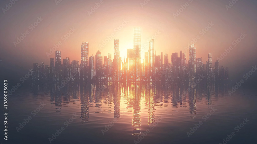 stunning city skyline at sunset, reflecting on calm water, showcasing modern architecture and serene atmosphere. warm glow creates captivating scene stunning city skyline at sunset, reflecting on calm water, showcasing modern architecture and serene atmosphere. warm glow creates captivating scene