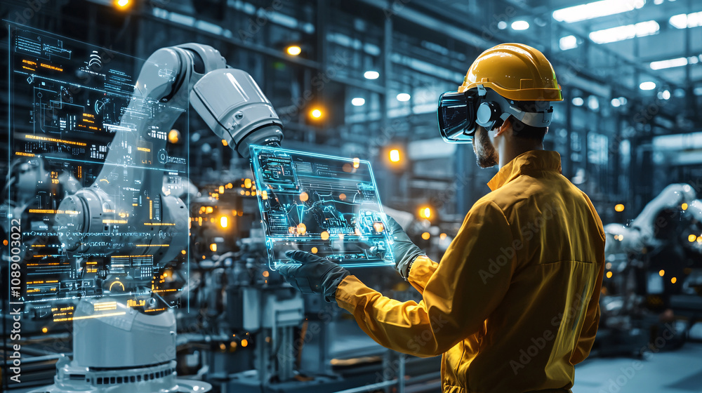 worker in yellow jumpsuit uses virtual reality to interact with robotic technology in futuristic industrial setting. scene showcases advanced automation and innovation worker in yellow jumpsuit uses virtual reality to interact with robotic technology in futuristic industrial setting. scene showcases advanced automation and innovation