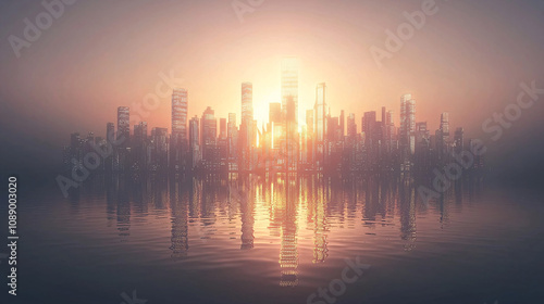 stunning city skyline at sunset, reflecting on calm water, showcasing modern architecture and serene atmosphere. warm glow creates captivating scene