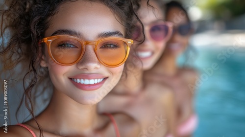 Young woman in orange sunglasses smiling by pool, sunny day, summer fun, outdoor portrait, stylish fashion, joyful expression, close-up, vacation vibe