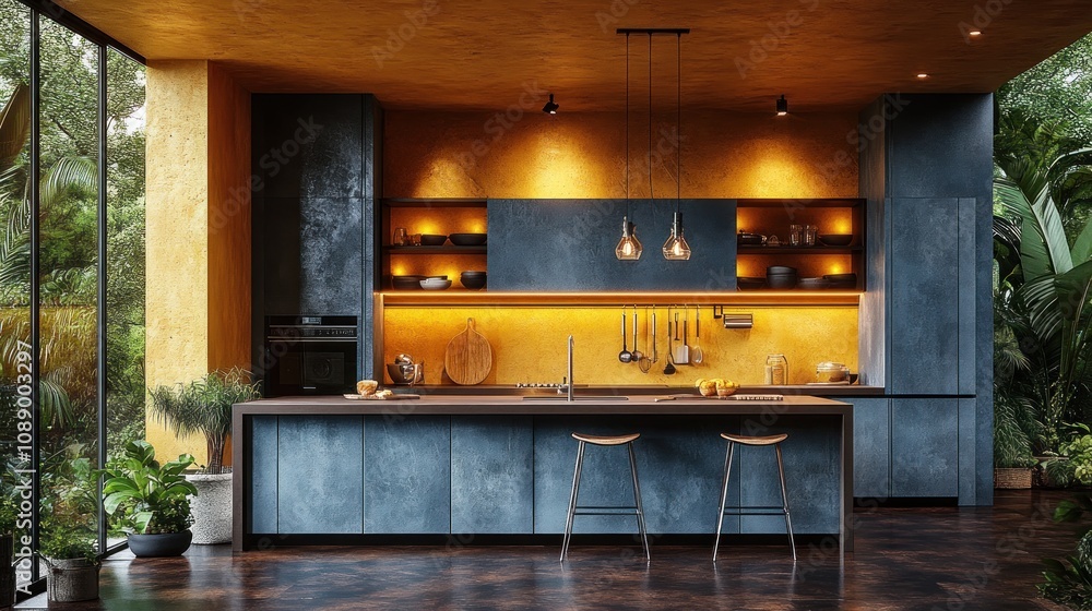 Modern kitchen with blue cabinets, yellow walls, and jungle view. Modern kitchen with blue cabinets, yellow walls, and jungle view.