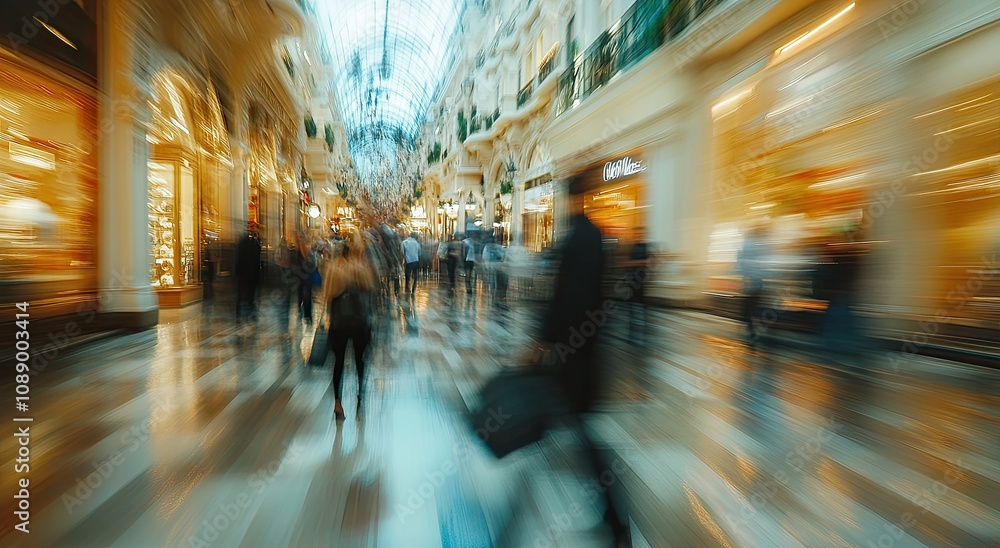 A bustling shopping mall with people walking past luxury stores, captured in motion blur A bustling shopping mall with people walking past luxury stores, captured in motion blur