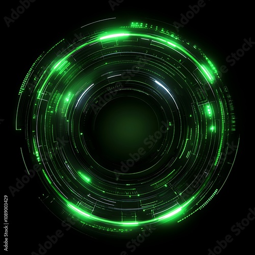 Futuristic Digital Abstract Design with Glowing Green Circular Patterns and Radiating Light Effects on a Black Background