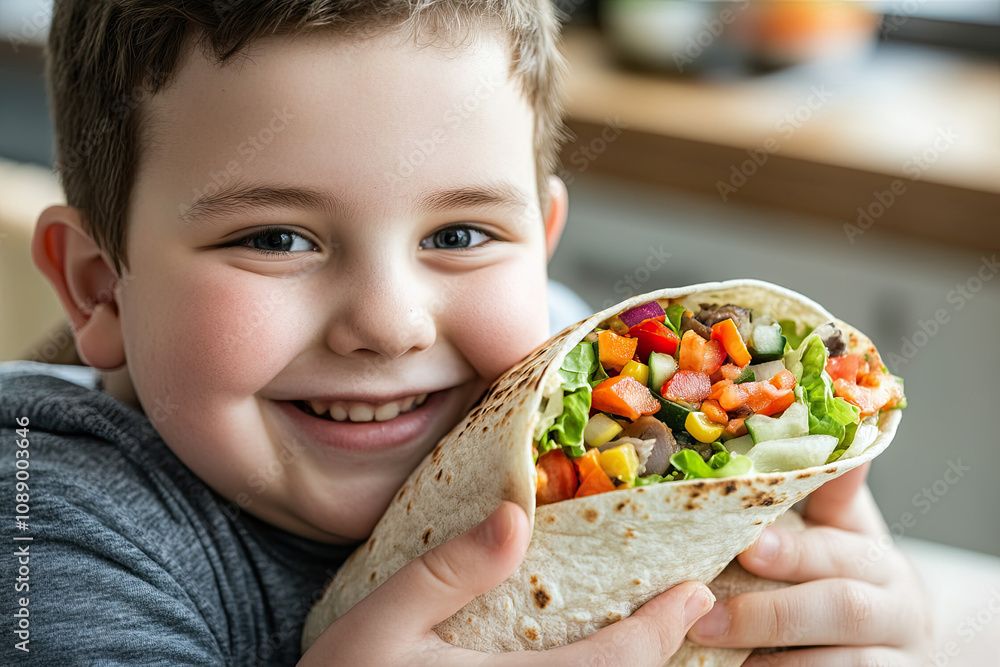 Plus-size boy enjoying a veggie wrap with colorful fillings Plus-size boy enjoying a veggie wrap with colorful fillings