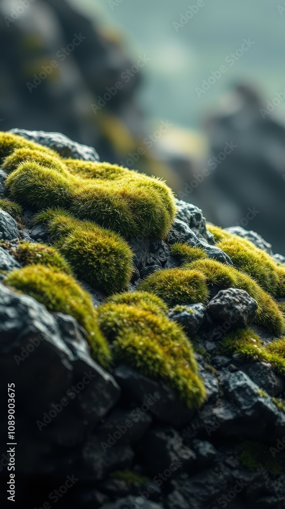 Lush green moss thrives on dark volcanic rocks near the coast during a sunny afternoon Lush green moss thrives on dark volcanic rocks near the coast during a sunny afternoon