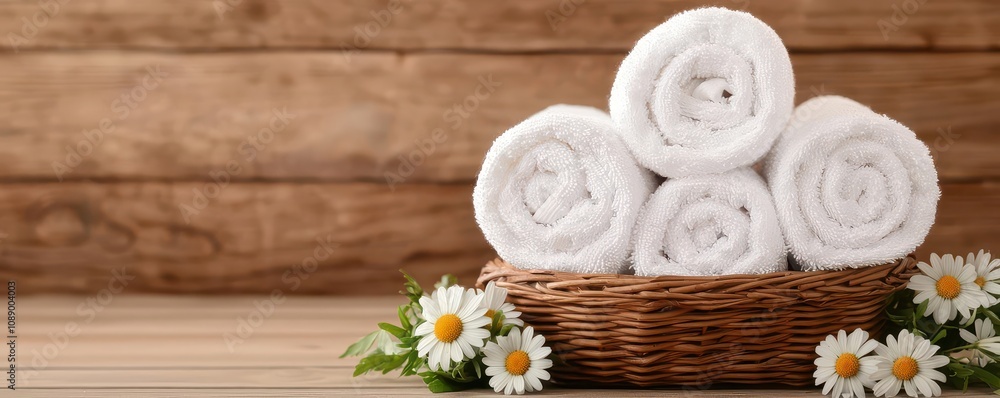 Rolled spa towels arranged in a wicker basket, surrounded by soothing chamomile flowers and essential oils, 3D illustration Rolled spa towels arranged in a wicker basket, surrounded by soothing chamomile flowers and essential oils, 3D illustration