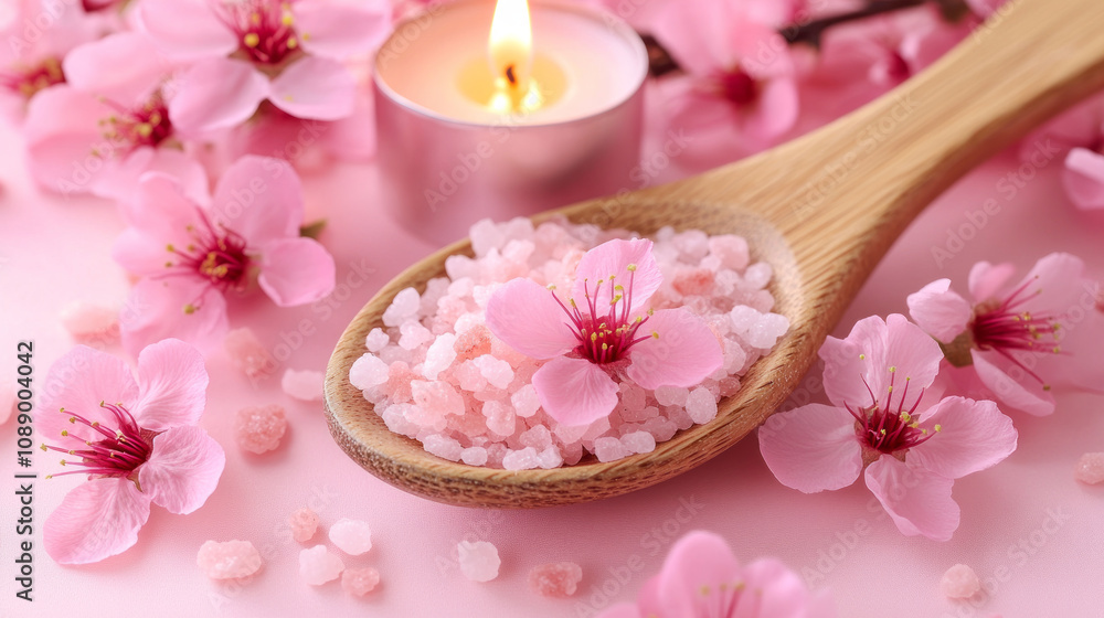 Sea salt in Wooden spoon with candle and flowers for spa treatment Sea salt in Wooden spoon with candle and flowers for spa treatment