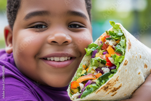 Plus-size boy enjoying a veggie wrap with colorful fillings photo