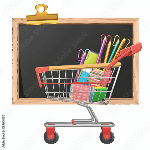 banner of shopping cart with school supply in front of blackboard. back to school concept with a white accent, png photo