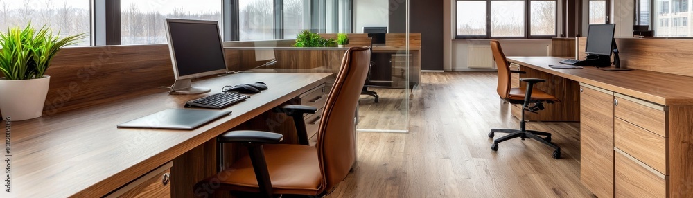 A modern office space featuring wooden desks, ergonomic chairs, and large windows allowing natural light. A modern office space featuring wooden desks, ergonomic chairs, and large windows allowing natural light.