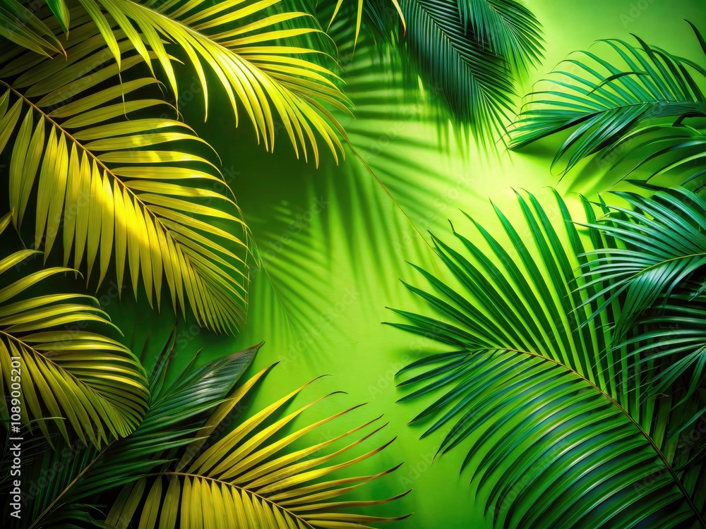Tropical Palm Leaves Shadow on Green Background - Perfect for Nature and Tropical Themes, Ideal for Text Overlay, Low Light Photography, Relaxing and Serene Atmosphere Tropical Palm Leaves Shadow on Green Background - Perfect for Nature and Tropical Themes, Ideal for Text Overlay, Low Light Photography, Relaxing and Serene Atmosphere