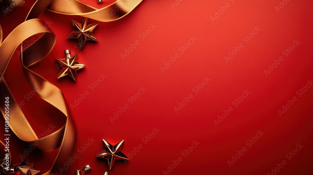 Christmas frame with golden ribbon and metallic stars on red background Christmas frame with golden ribbon and metallic stars on red background