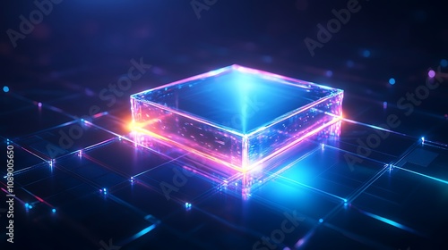 Futuristic glowing transparent cube with vibrant neon lights on digital grid background, showcasing advanced technology and innovative design concepts in a high-tech environment