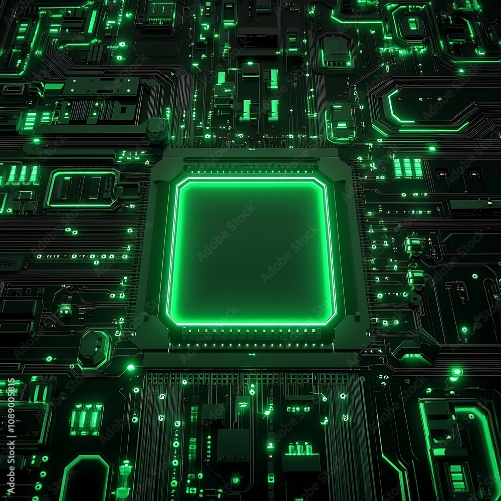 Futuristic High-Tech Circuit Board with Glowing Green Elements Showcasing Advanced Technology and Modern Digital Innovation in a Cybernetic Landscape Futuristic High-Tech Circuit Board with Glowing Green Elements Showcasing Advanced Technology and Modern Digital Innovation in a Cybernetic Landscape
