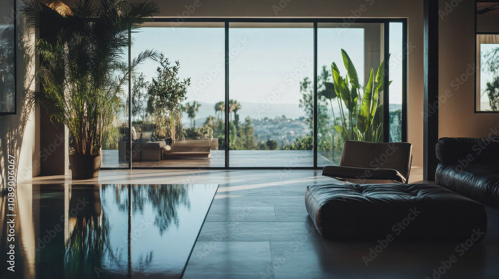 Obraz premium Modern living room with large windows showcasing a serene outdoor view and lush plants on a sunny day
