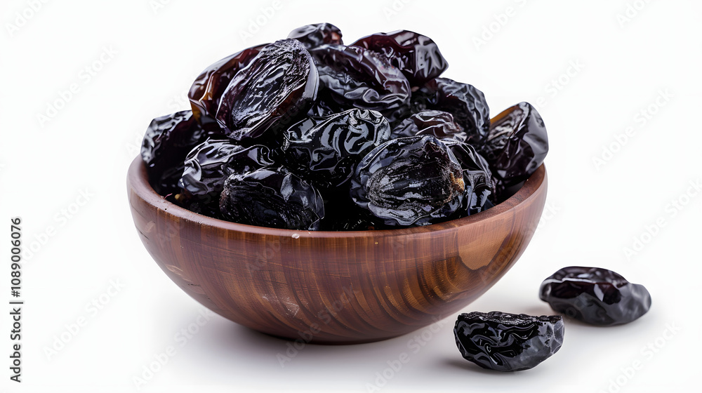 dehydrate sweet prunes in a bowl with a white accent, cinematic, png dehydrate sweet prunes in a bowl with a white accent, cinematic, png