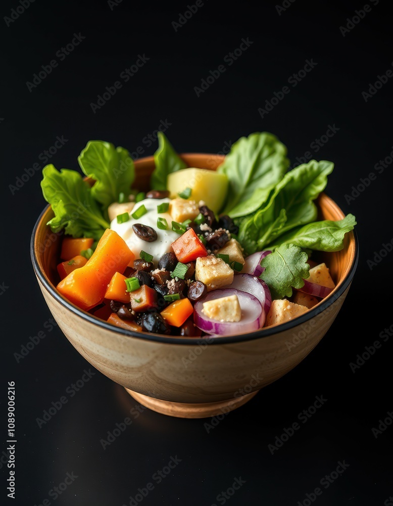 A vibrant vegetarian bowl features sweet potato, black beans, tofu, avocado, and radish, topped with a creamy dressing and fresh herbs A vibrant vegetarian bowl features sweet potato, black beans, tofu, avocado, and radish, topped with a creamy dressing and fresh herbs