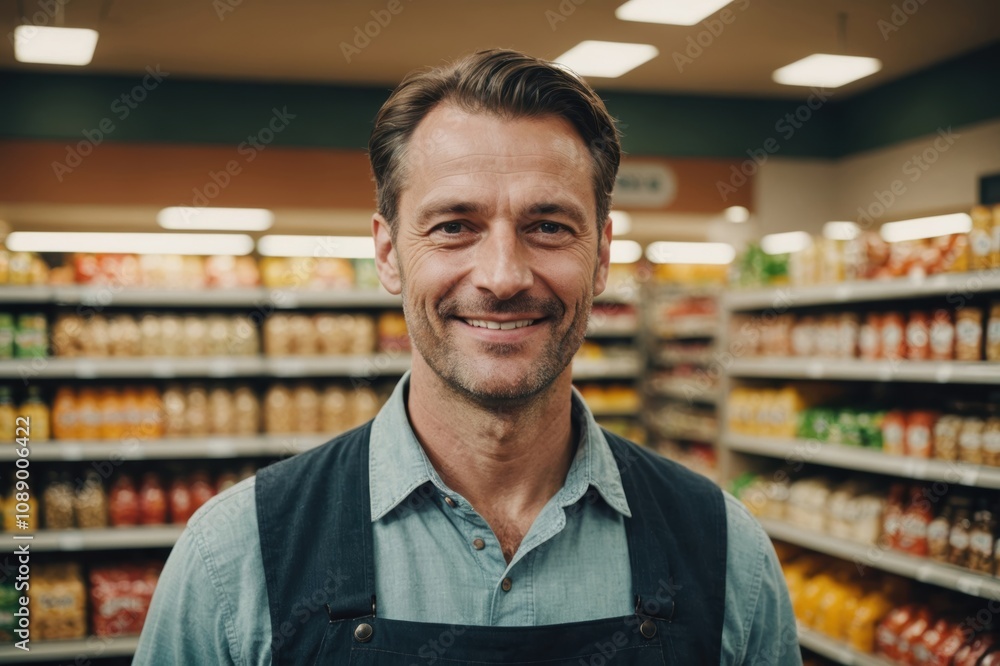 Close portrait of a smiling 40s German male grocer standing and looking at the camera, German grocery store blurred background Close portrait of a smiling 40s German male grocer standing and looking at the camera, German grocery store blurred background