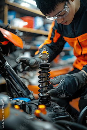 Motorcycle mechanic check and change rear shock absorbers motorcycle at motorcycle garage, repair, maintenance, and service concept photo