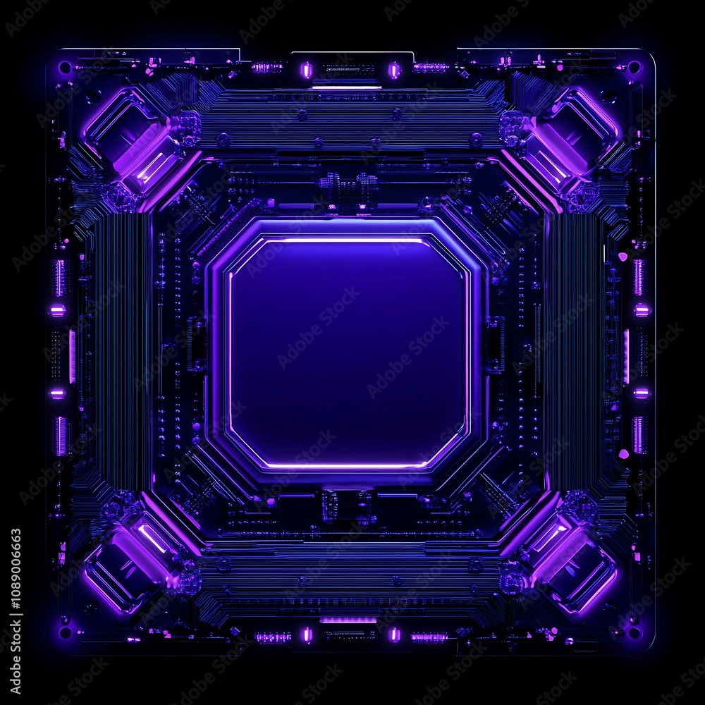 Fototapeta premium Futuristic Neon Circuit Board Design Featuring Vibrant Purple and Blue Lights, Ideal for Technology and Innovation Themes in Digital Art Projects