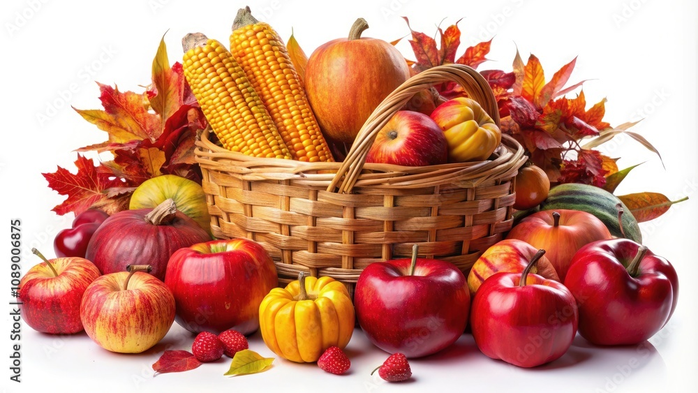 Vibrant Harvest Basket with Apples, Gourds, and Corn Against a White Background for Seasonal Advertising Vibrant Harvest Basket with Apples, Gourds, and Corn Against a White Background for Seasonal Advertising