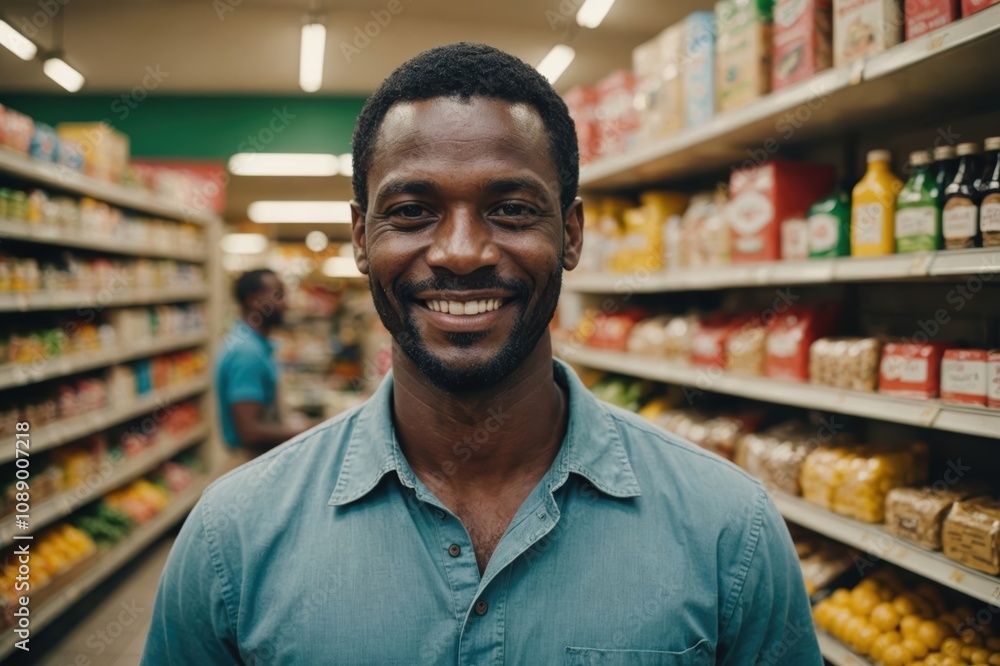 Close portrait of a smiling 40s Grenadian male grocer standing and looking at the camera, Grenadian grocery store blurred background Close portrait of a smiling 40s Grenadian male grocer standing and looking at the camera, Grenadian grocery store blurred background