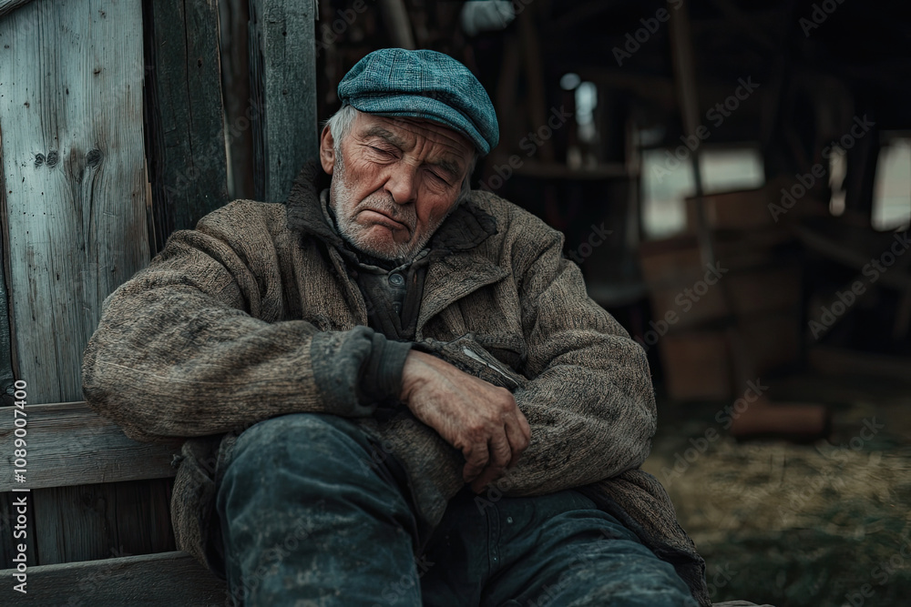 Fototapeta premium Elderly farmer resting on a wooden bench by the barn