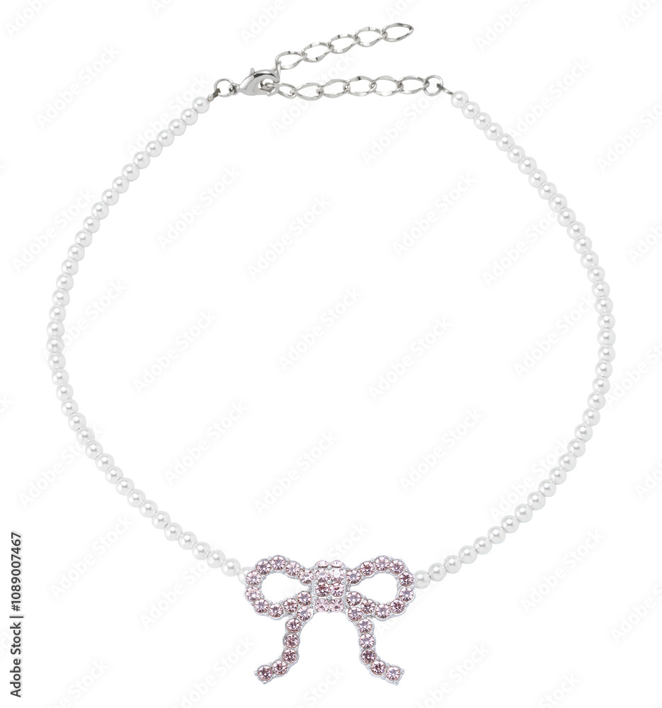 pearl silver necklace with bow diamond isolated on white background pearl silver necklace with bow diamond isolated on white background