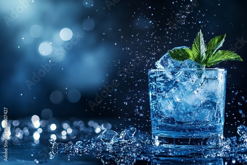 A refreshing cocktail with mint leaves and ice cubes, sparkling in cool blue tones, ideal for summer or celebrations. photo