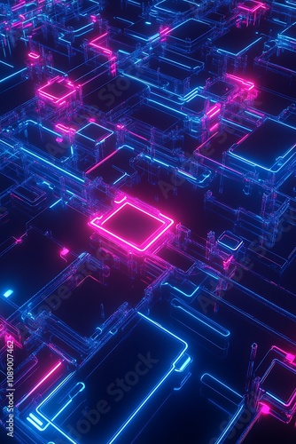 Futuristic Neon Cityscape with Glowing Blue and Pink Lights Representing a Vibrant Digital Landscape Filled with Technological Elements and Abstract Structures