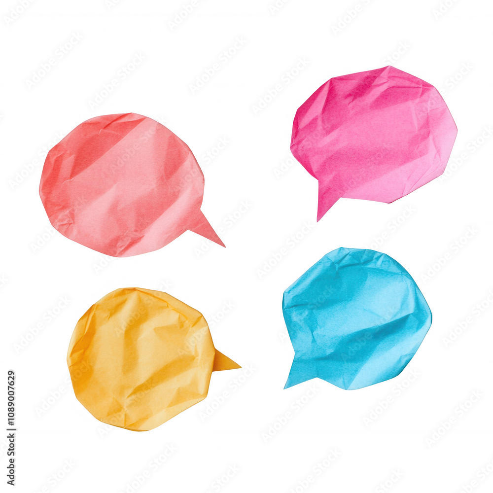 Naklejka premium Colorful paper speech bubbles for communication and social media concepts., isolated on a transparent background.