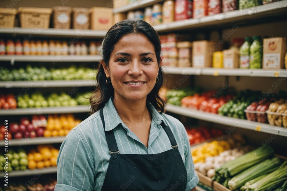 Close portrait of a smiling 40s Guatemalan female grocer standing and looking at the camera, Guatemalan grocery store blurred background Close portrait of a smiling 40s Guatemalan female grocer standing and looking at the camera, Guatemalan grocery store blurred background