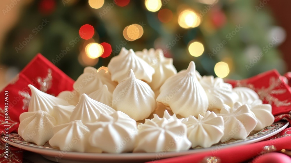Festive Meringue Cookies on Decorative Holiday Plate with Christmas Tree Bokeh Festive Meringue Cookies on Decorative Holiday Plate with Christmas Tree Bokeh