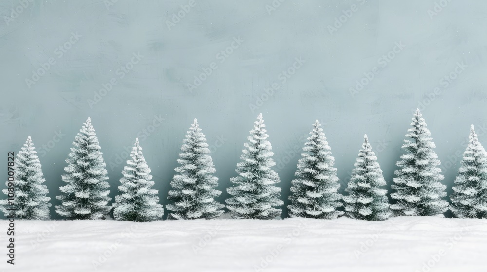 Fototapeta premium Snow-covered trees against a soft blue background.